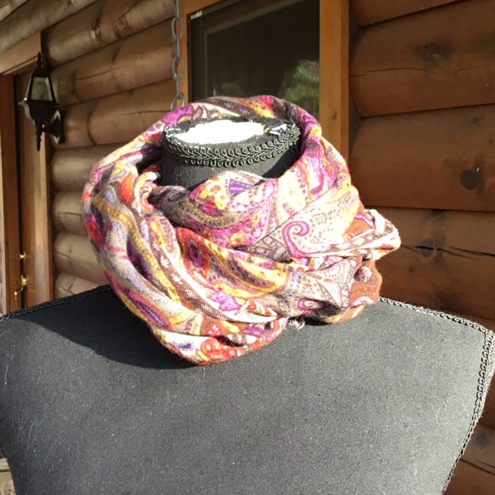 Paisley & Flower Patterned Scarf in Gray, Red, Green & Magenta